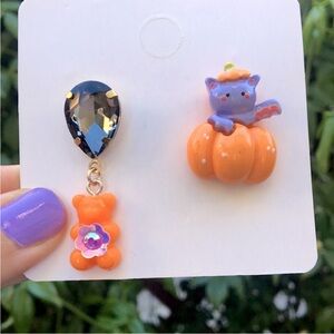 Black Diamond Crystal, Gummy Bear + Cat Pumpkin Halloween Drop Earrings